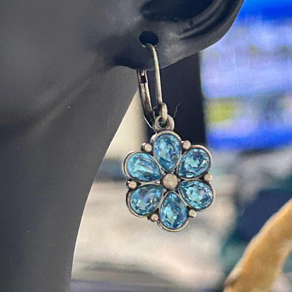 Touchstone Crystal Blue Floral Earrings, Swarovski crystals. Nib